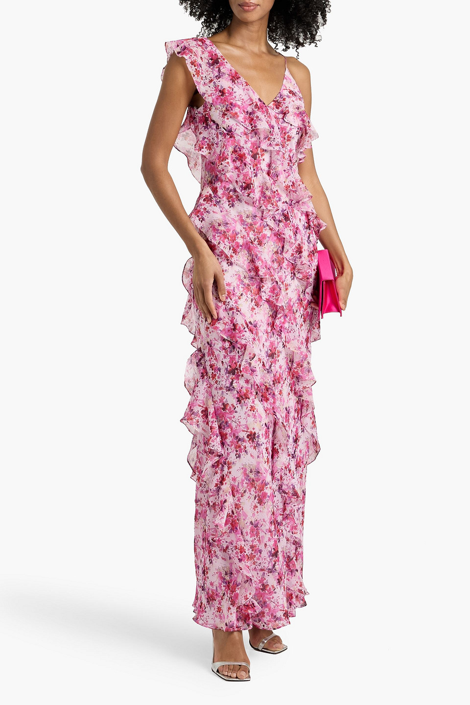  Mikael Aghal - Maxikleid Aus Georgette Mit Floralem Print, Metallic-effekt Und Rüschen - Pink - Us 6 