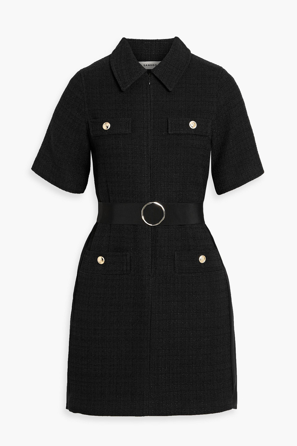 Sandro Belted Pleated Crepe De Chine And Tweed Mini Shirt Dress In Black