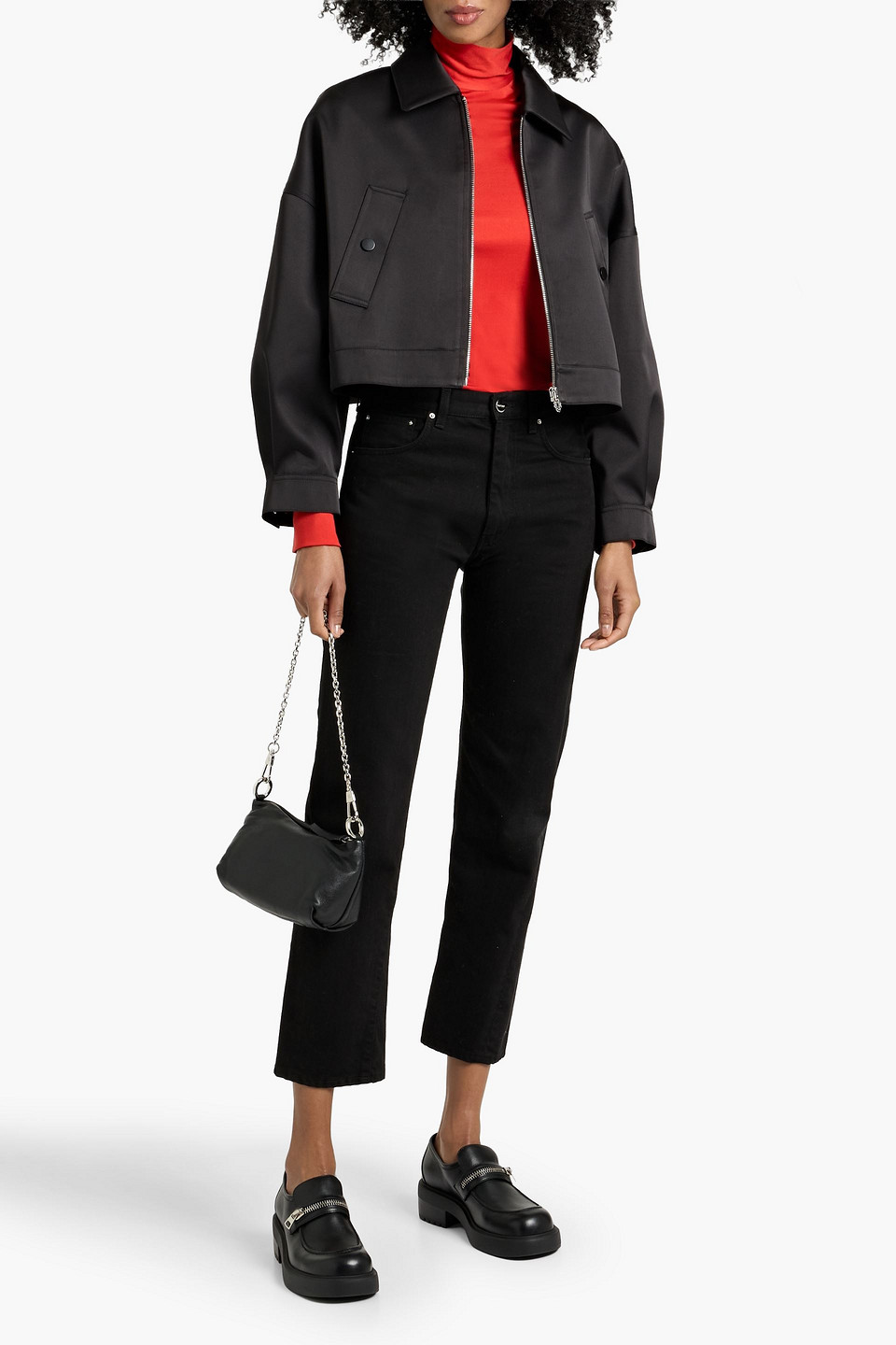 Maje Cropped Satin-twill Jacket In Black