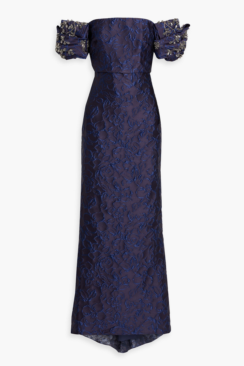 badgley mischka - off-the-shoulder embellished jacquard gown - blue - us 0