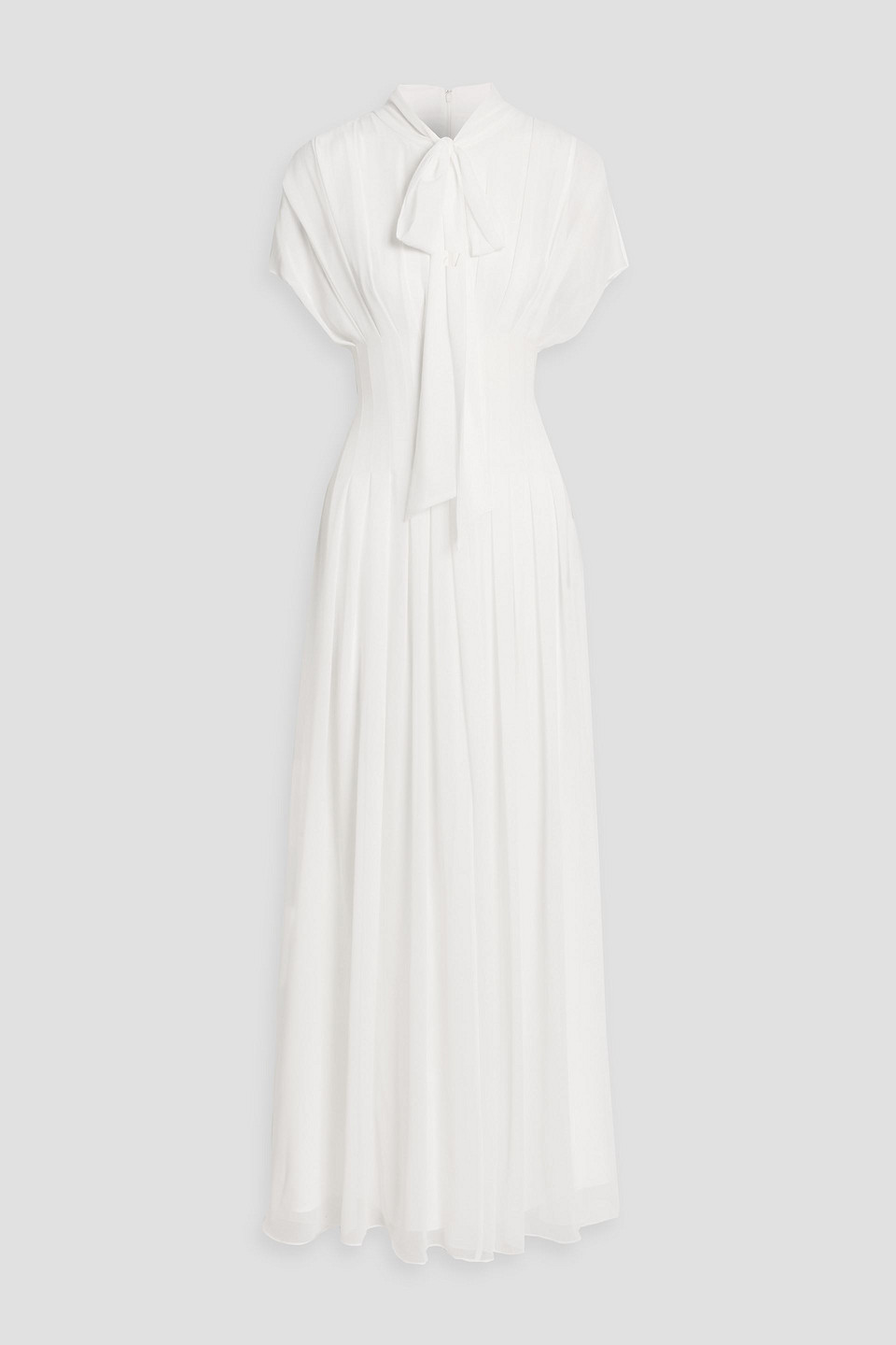 Mikael Aghal Pussy-bow Pleated Chiffon Maxi Dress In White