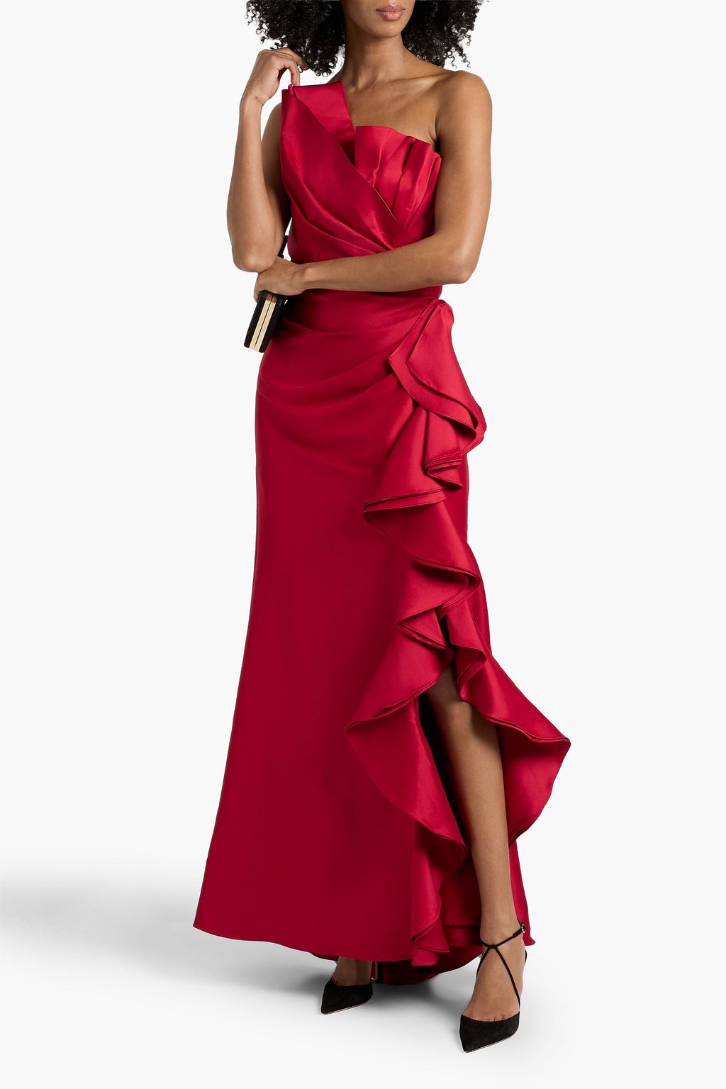 badgley mischka red off shoulder ruffle dress Badgley Mischka Criss Cross Ruffled Off-Shoulder Gown, Size: 0 in Red