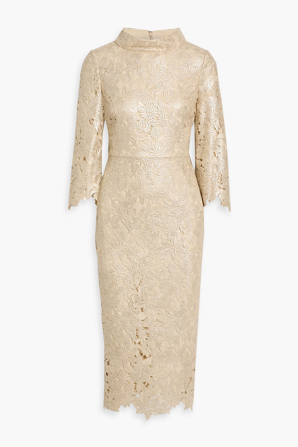 badgley mischka - metallic guipure lace midi dress - metallic - us 2