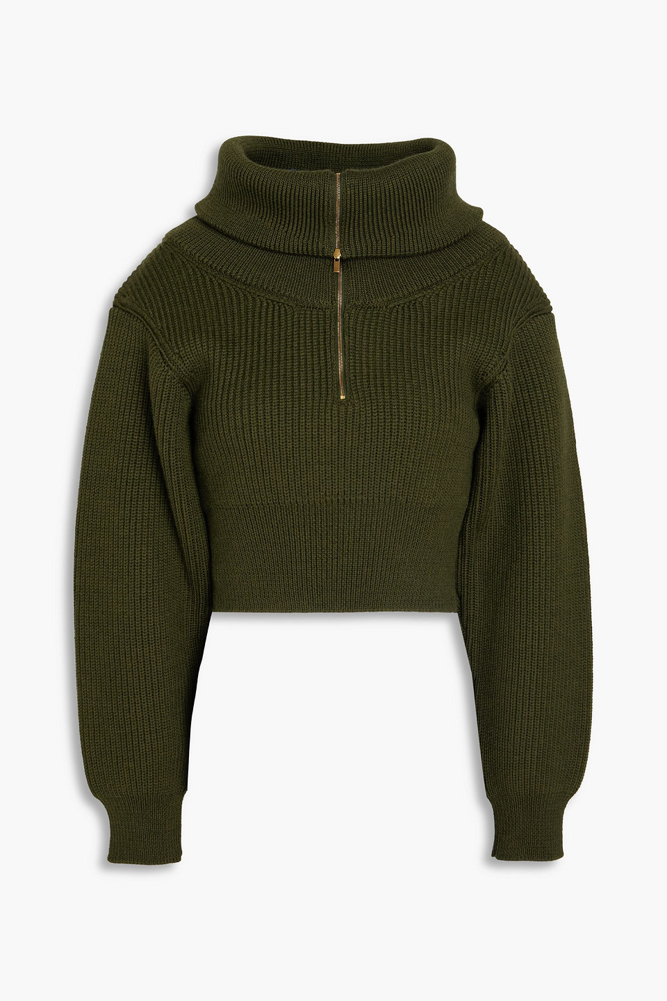 Jacquemus Risoul Cropped Ribbed Merino Wool Half-zip Sweater In Green