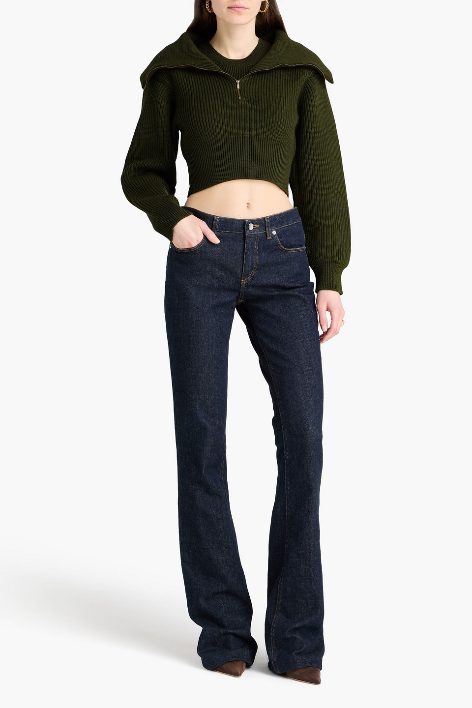  Jacquemus - Cropped Pullover „risoul“ Aus Gerippter Merinowolle Mit Halblangem Reißverschluss - Grün - Fr 32 