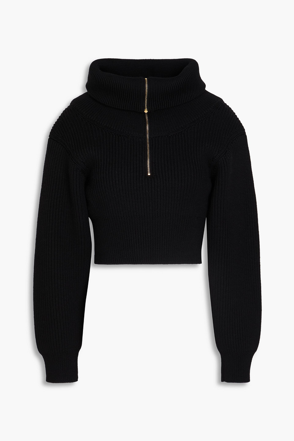 Jacquemus Risoul Cropped Ribbed Merino Wool Half-zip Sweater In Black