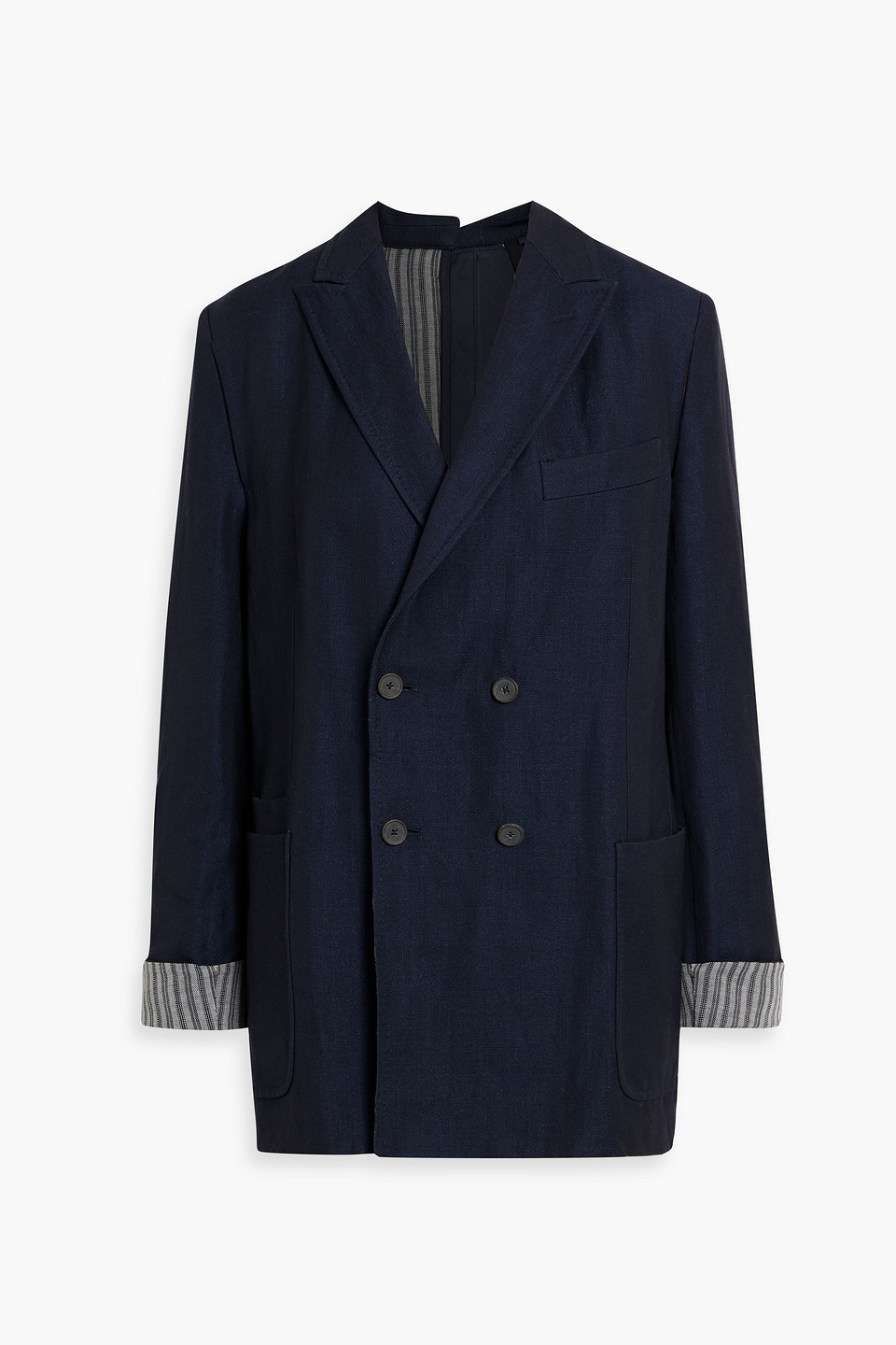 Bettter Double-breasted Wool, Linen And Silk-blend Blazer In Blue