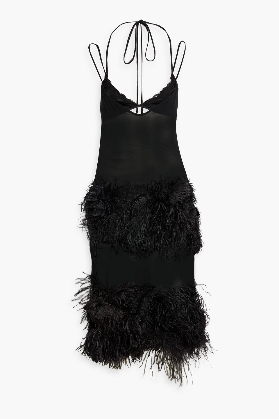 the attico - feather-embellished chiffon midi dress - black - it 38