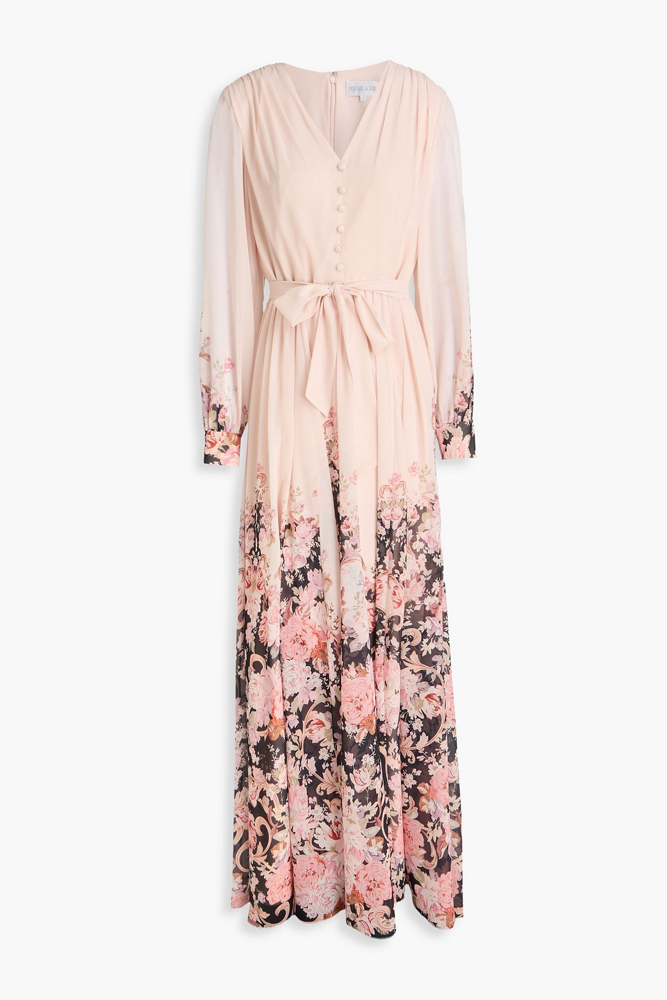 Mikael Aghal Belted Floral-print Crepe De Chine Maxi Dress In Pink