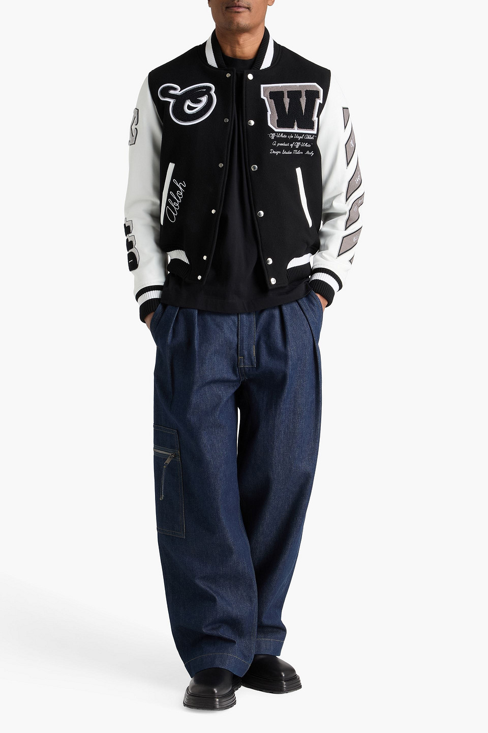  Off-white - Bomberjacke Aus Leder Und Filz Aus Einer Wollmischung Mit Applikationen - Schwarz - It 42 