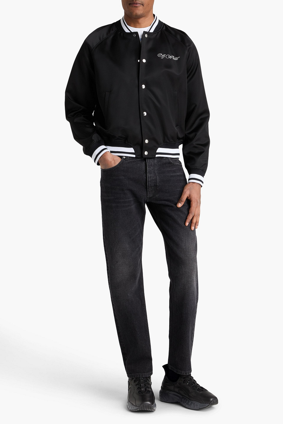 Off-white Black Polyester Bomber Jacket With Contrast Detailing In Blue
