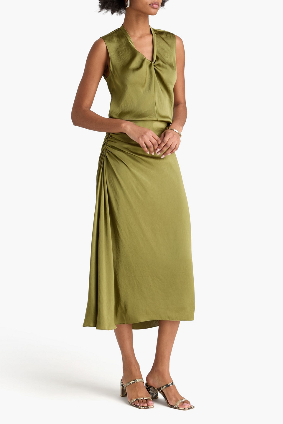 Theory - Gathered Satin Midi Skirt - Green - Us 0 
