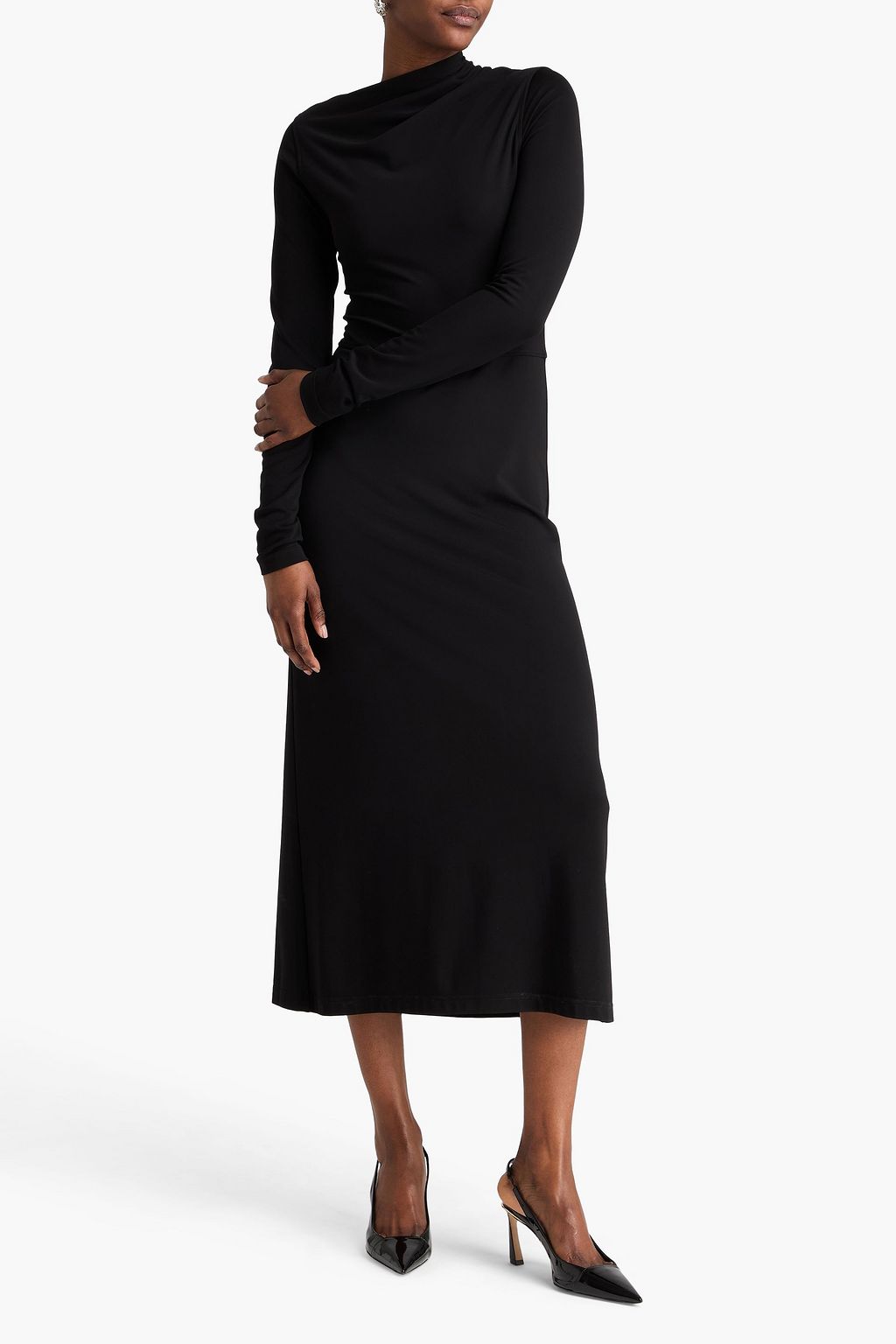 shift midi dress with sleeves Blue Floral Print Shirt Collar V Neck 3/4 Sleeve Shift Midi Dress