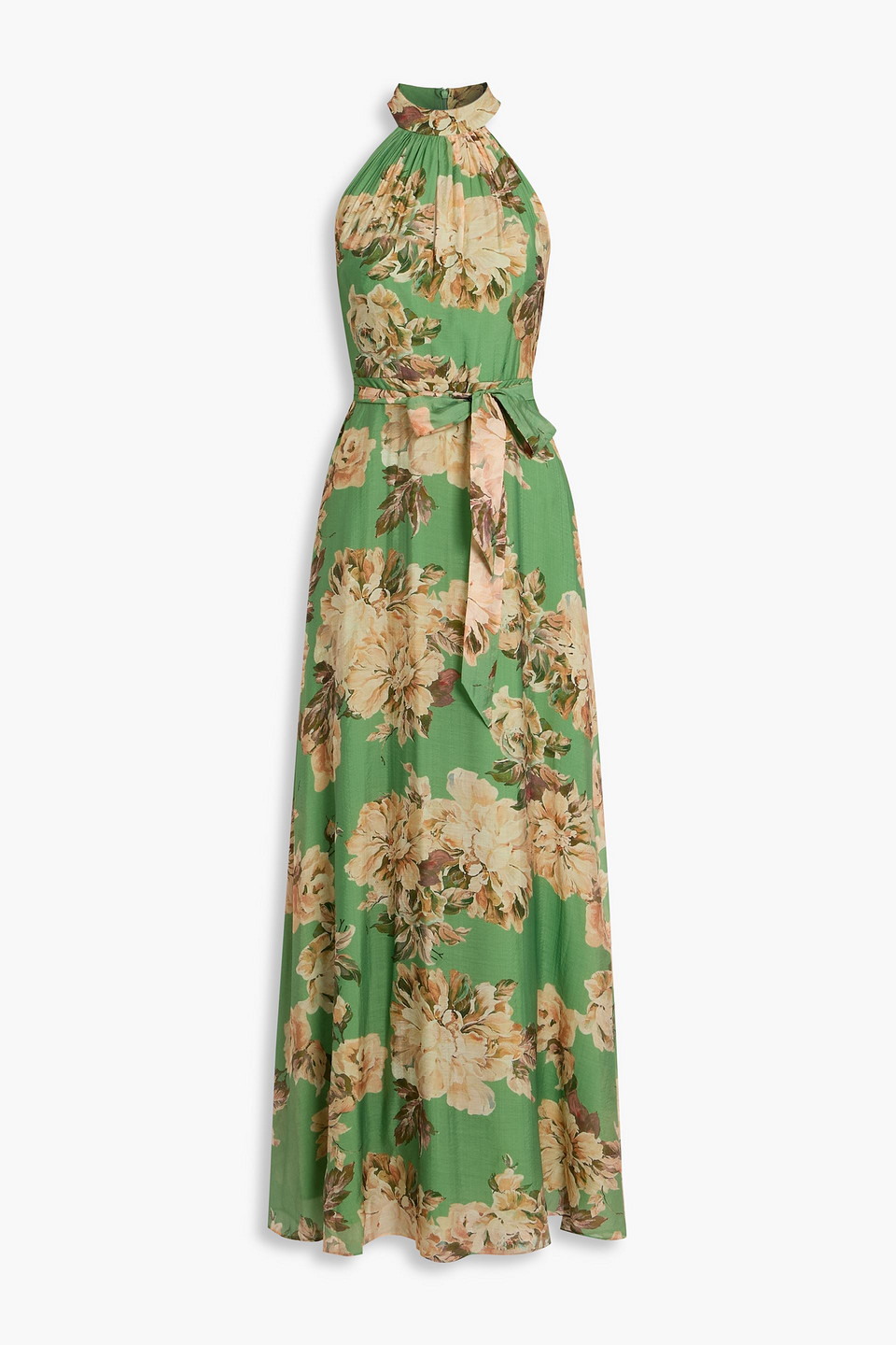 Mikael Aghal Belted Floral-print Georgette Maxi Dress In Green