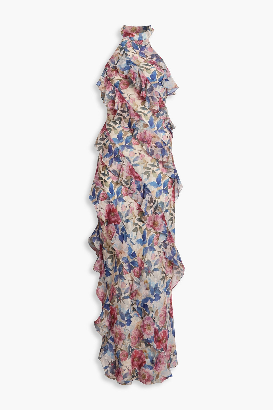 Mikael Aghal Ruffled Floral-print Chiffon Maxi Dress In Multi