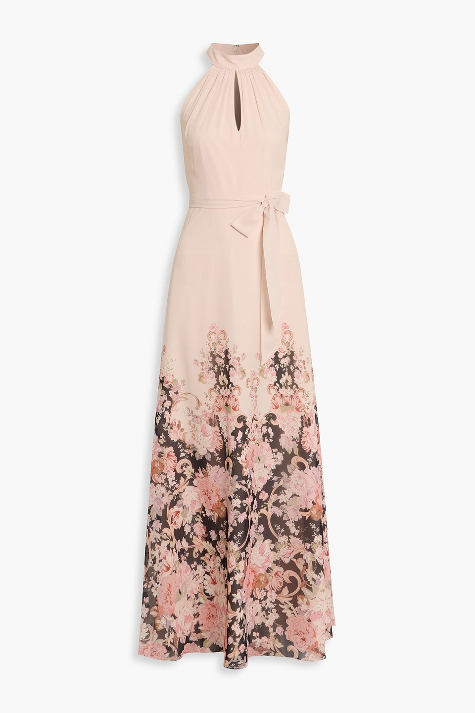 Mikael Aghal Belted Floral-print Chiffon Maxi Dress In Pink