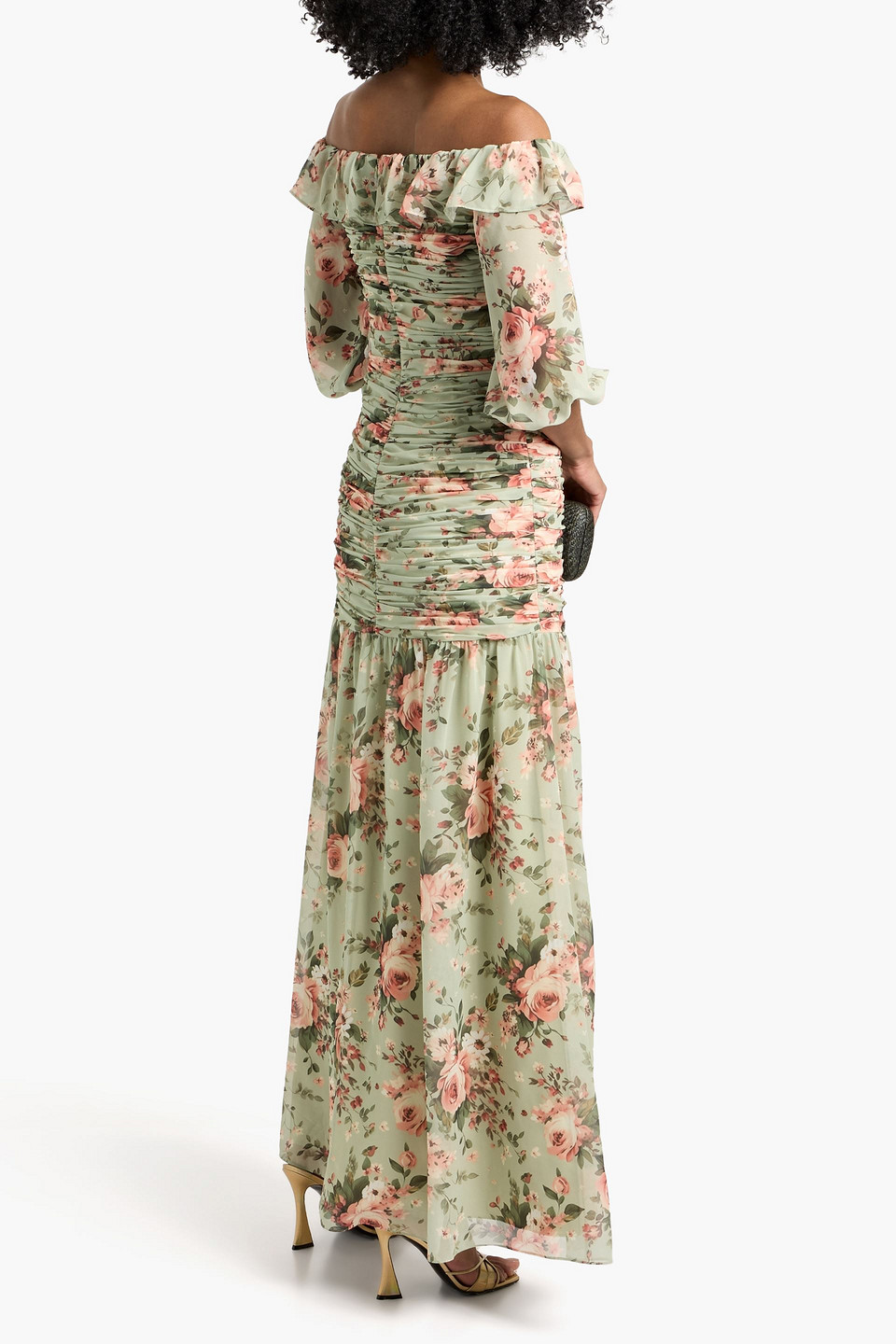  Mikael Aghal - Schulterfreies Maxikleid Aus Georgette Mit Floralem Print Und Raffungen - Grün - Us 4 