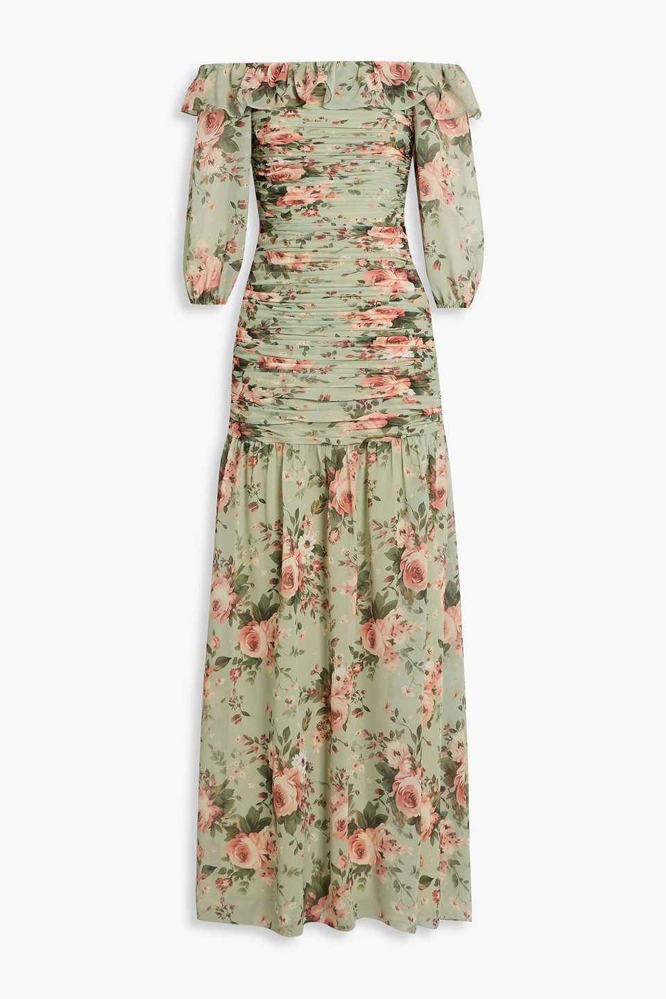 Mikael Aghal Off-the-shoulder Ruched Floral-print Georgette Maxi Dress In Multi