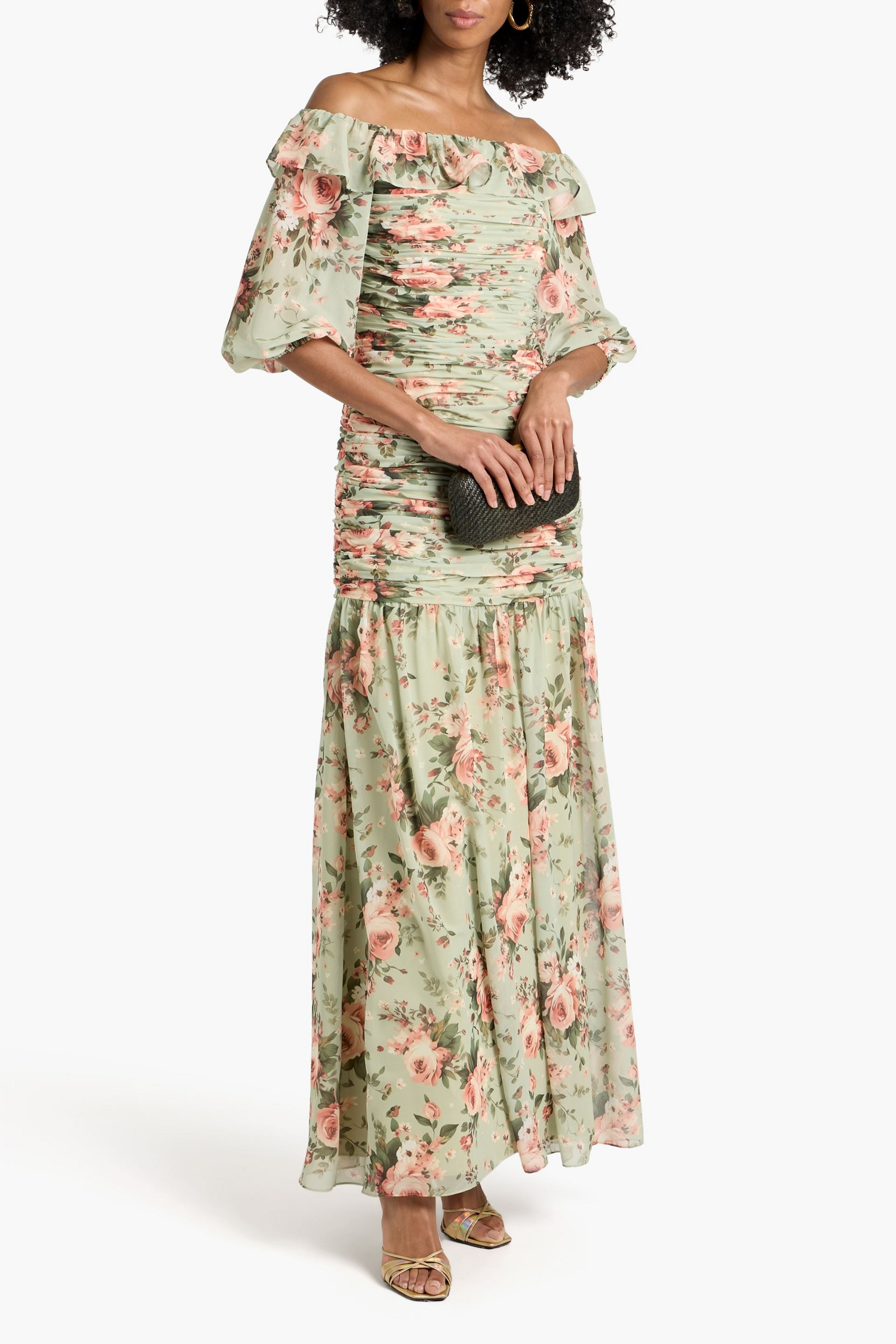 MIKAEL AGHAL Off-the-shoulder ruched floral-print georgette maxi dress