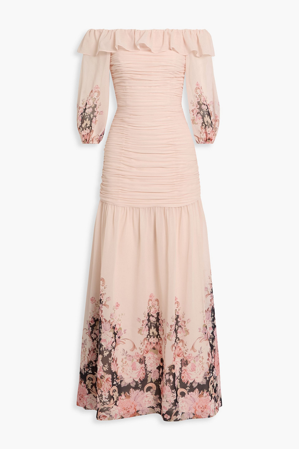 Mikael Aghal Off-the-shoulder Ruffled Floral-print Chiffon Maxi Dress In Pink