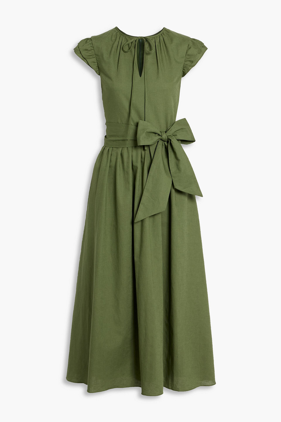 Mikael Aghal Belted Cotton And Linen-blend Midi Dress In Green