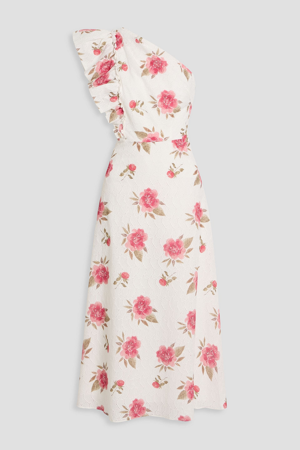 Mikael Aghal One-shoulder Floral Print Broderie Anglaise Cotton Midi Dress In White