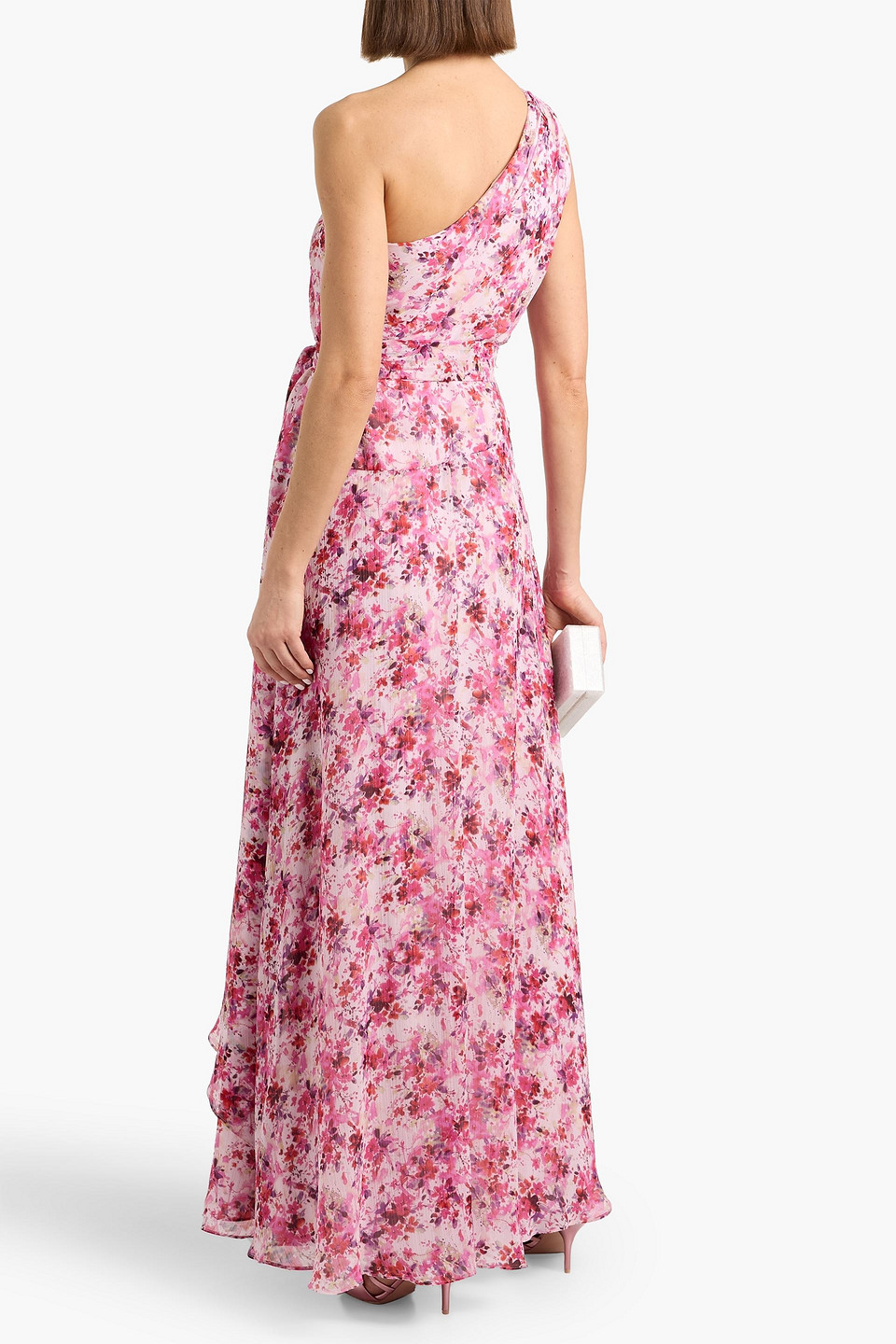  Mikael Aghal - Maxikleid Aus Chiffon Mit Floralem Print Und Asymmetrischer Schulterpartie - Pink - Us 2 