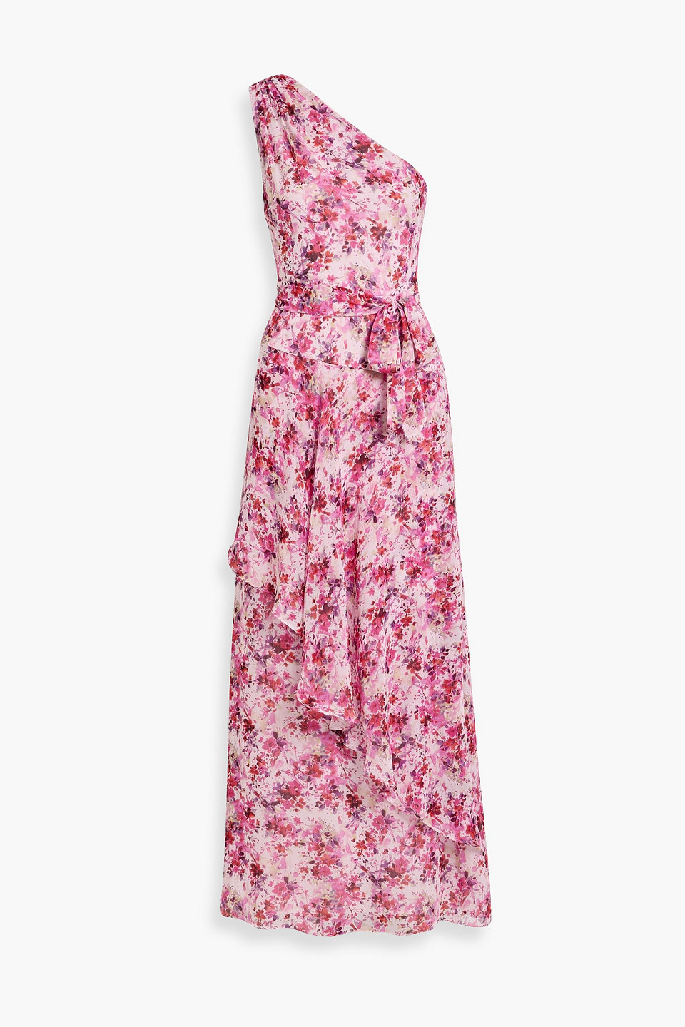 Mikael Aghal One-shoulder Floral-print Chiffon Maxi Dress In Pink
