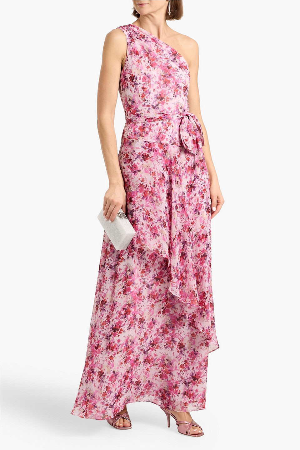  Mikael Aghal - Maxikleid Aus Chiffon Mit Floralem Print Und Asymmetrischer Schulterpartie - Pink - Us 2 