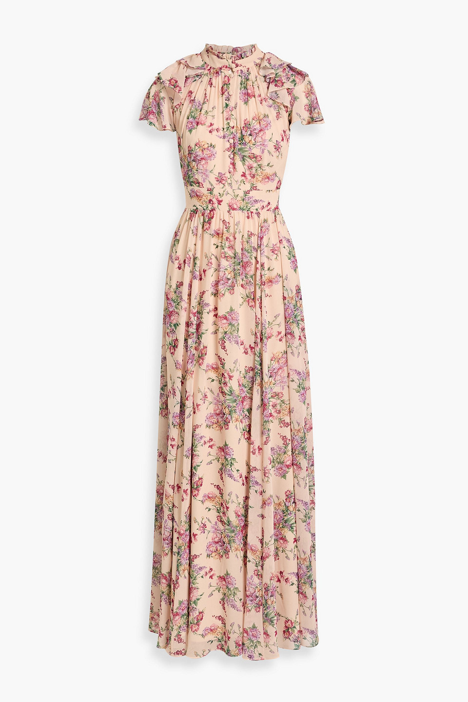 Mikael Aghal Ruffled Floral-print Chiffon Maxi Dress In Pink