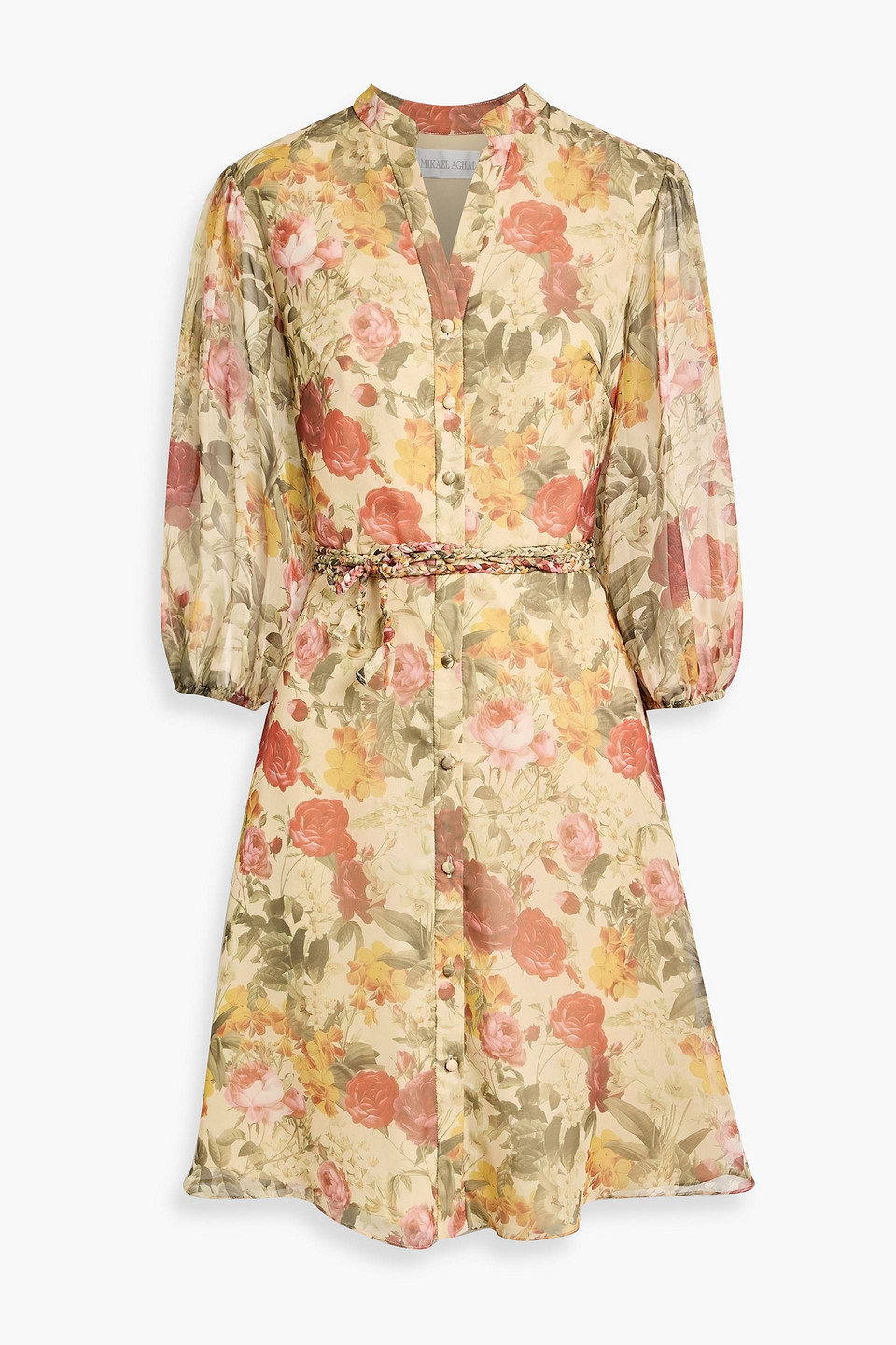 Mikael Aghal Floral-print Chiffon Dress In Green