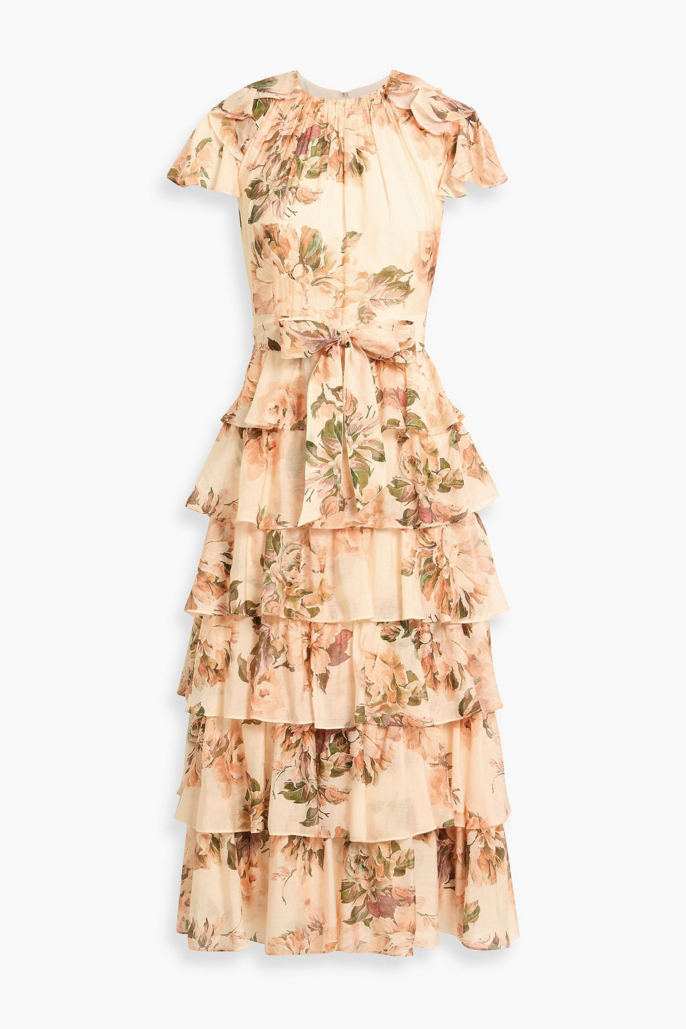 Mikael Aghal Tiered Floral-print Chiffon Midi Dress In Orange