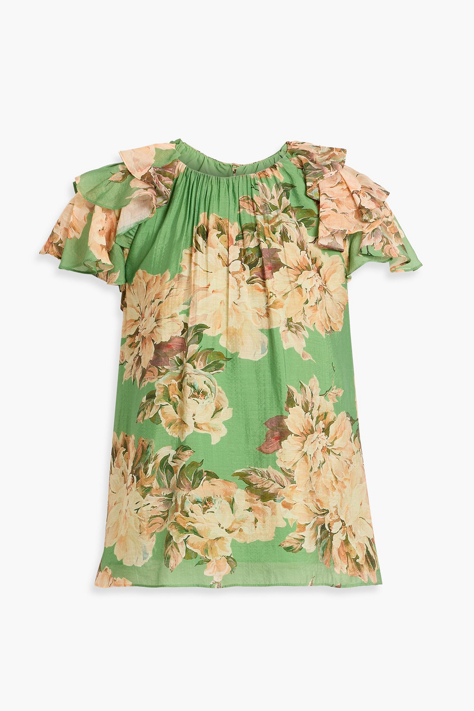 Mikael Aghal Ruffled Floral-print Chiffon Top In Multi