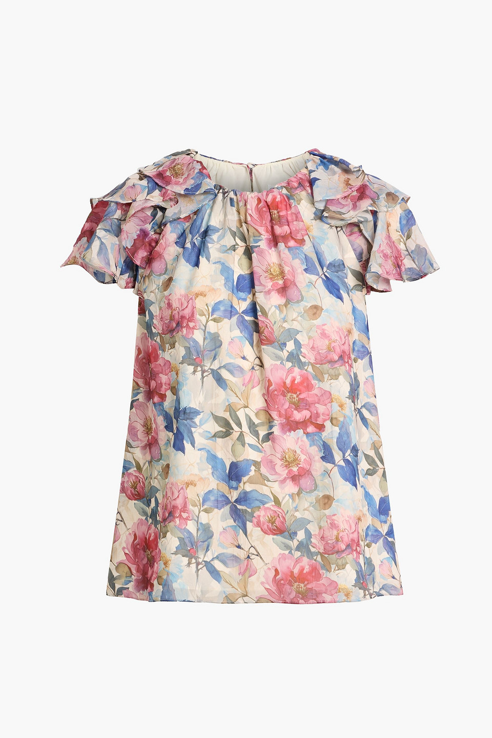 Mikael Aghal Ruffled Floral-print Chiffon Top In Pink