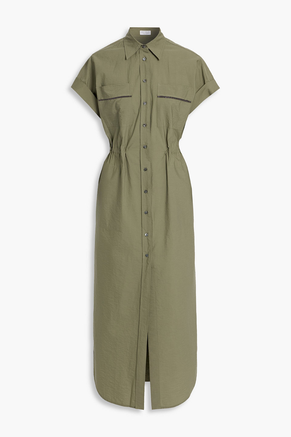 Brunello Cucinelli Bead-embellished Cotton-poplin Maxi Shirt Dress In Green