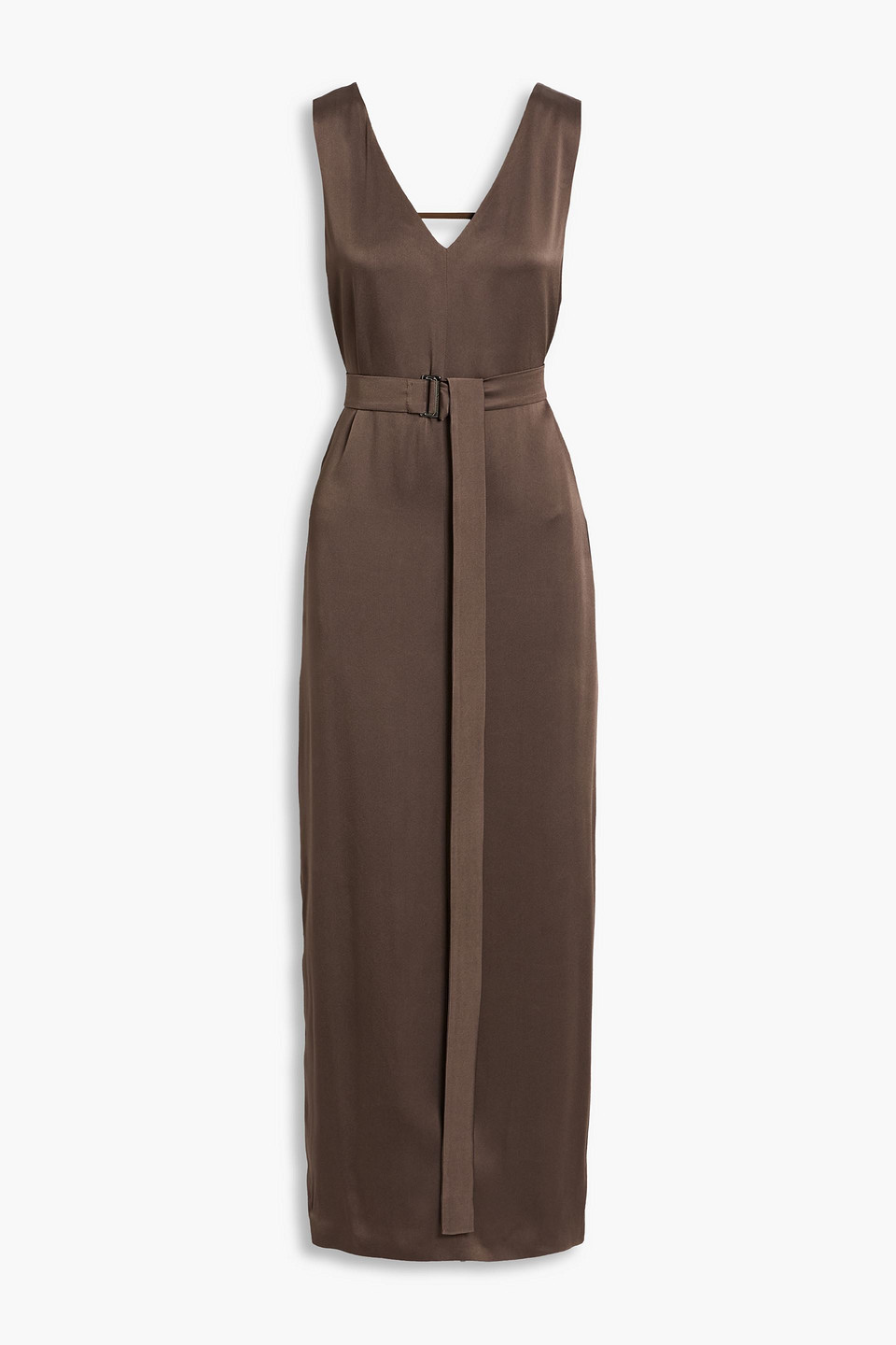 brunello cucinelli - belted crepe-satin maxi dress - brown - s