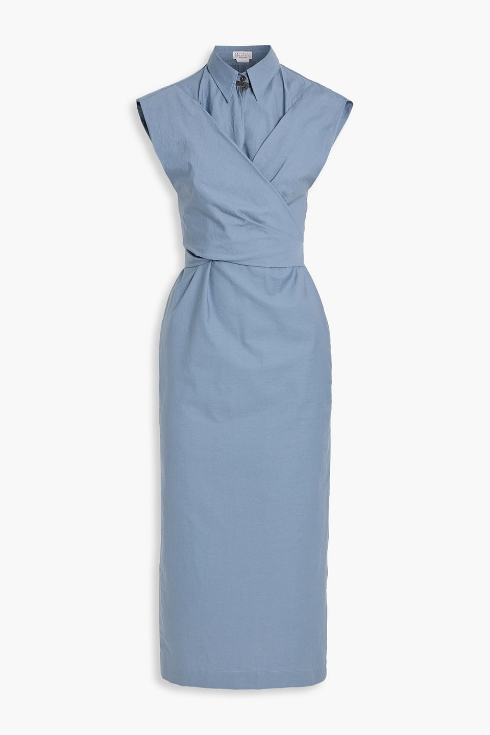 brunello cucinelli - wrap-effect cotton-blend poplin midi shirt dress - blue - m