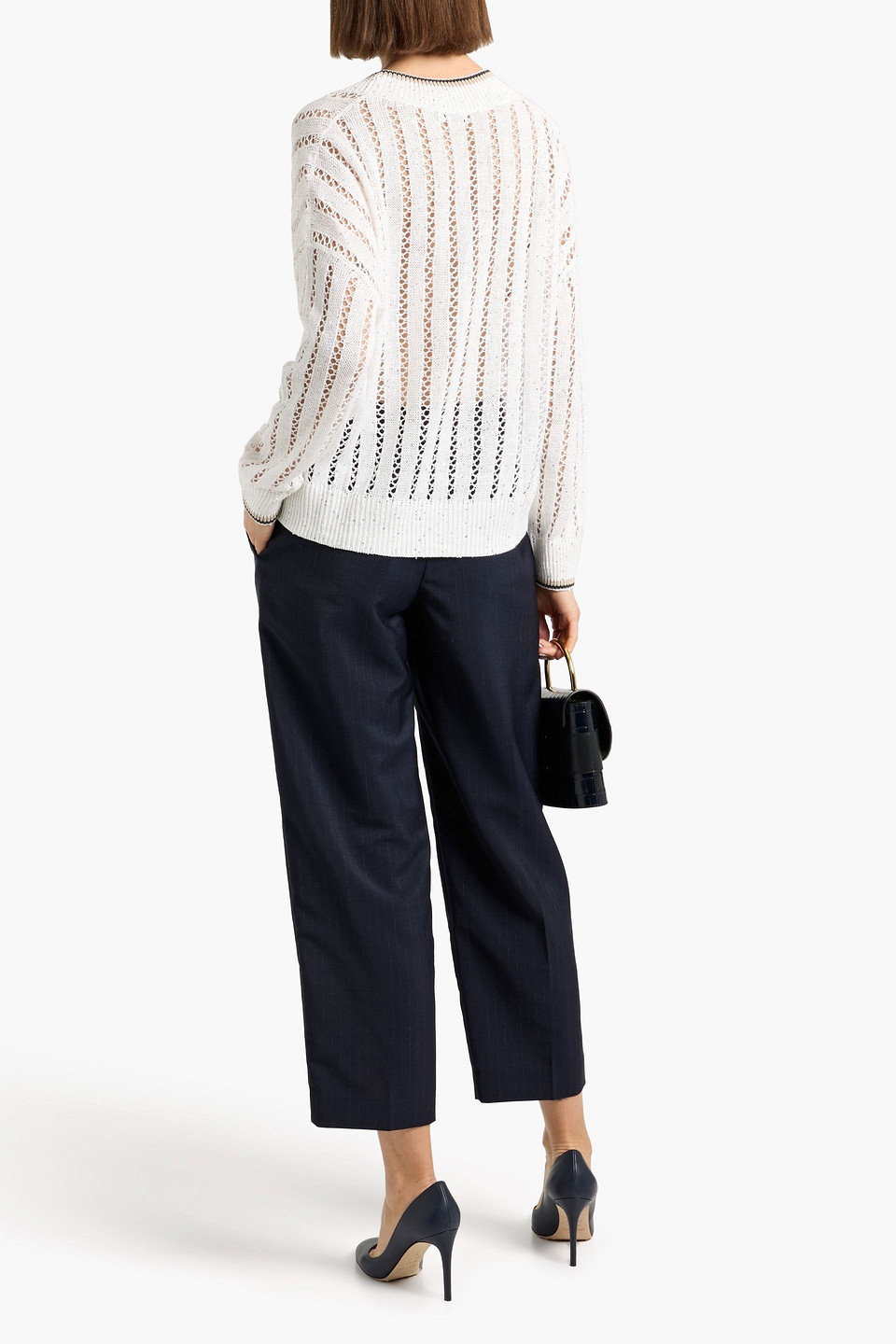  Brunello Cucinelli - Pullover Aus Lochstrick Aus Einer Leinenmischung Mit Pailletten - Weiß - M 