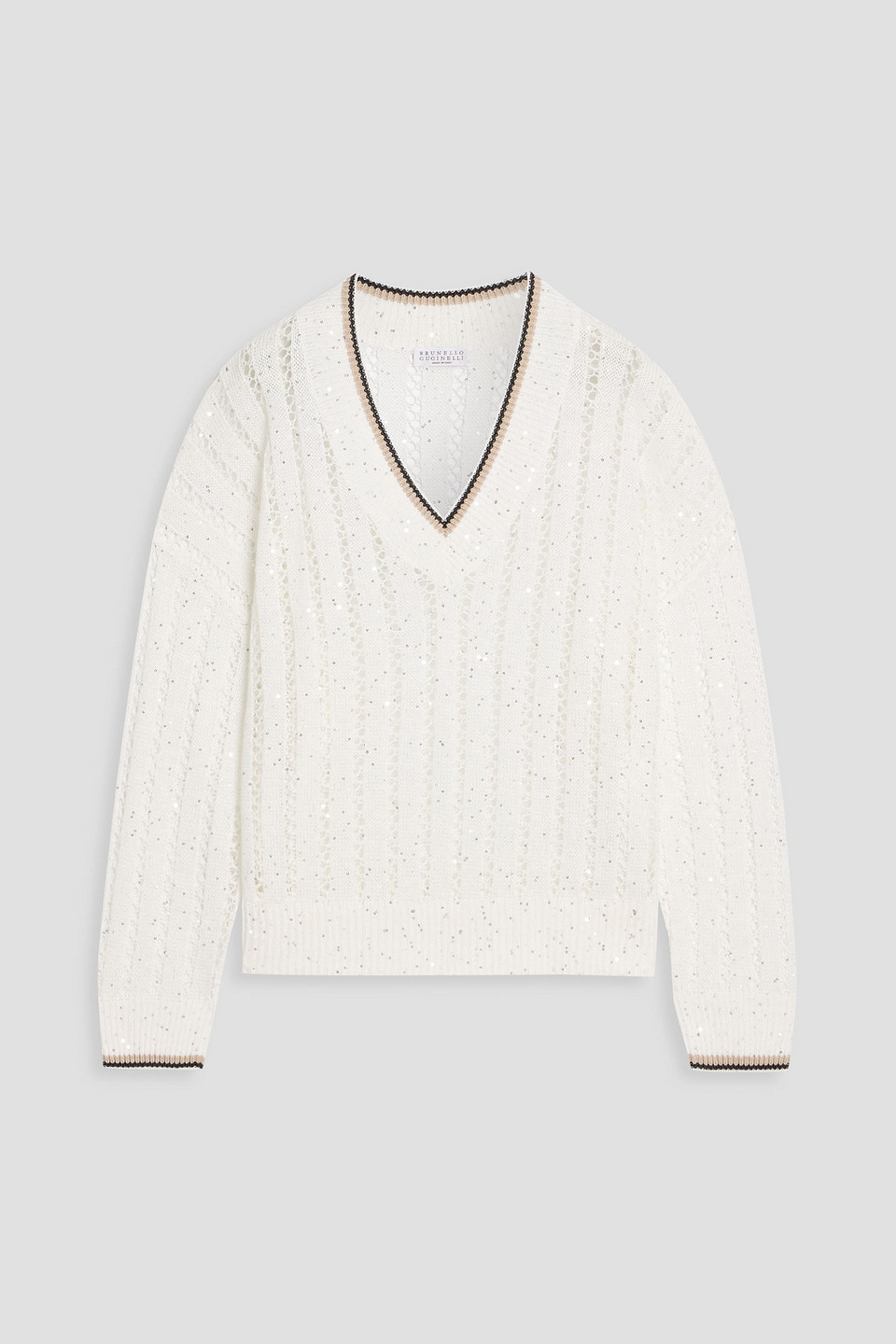 Brunello Cucinelli Sequin-embellished Open-knit Linen-blend Sweater In White