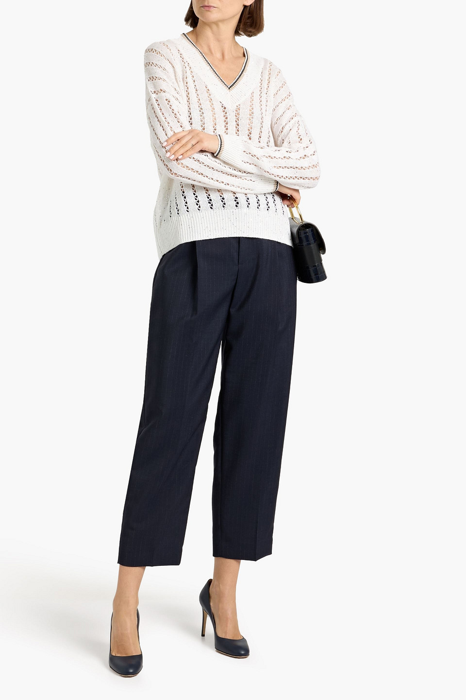  Brunello Cucinelli - Pullover Aus Lochstrick Aus Einer Leinenmischung Mit Pailletten - Weiß - M 