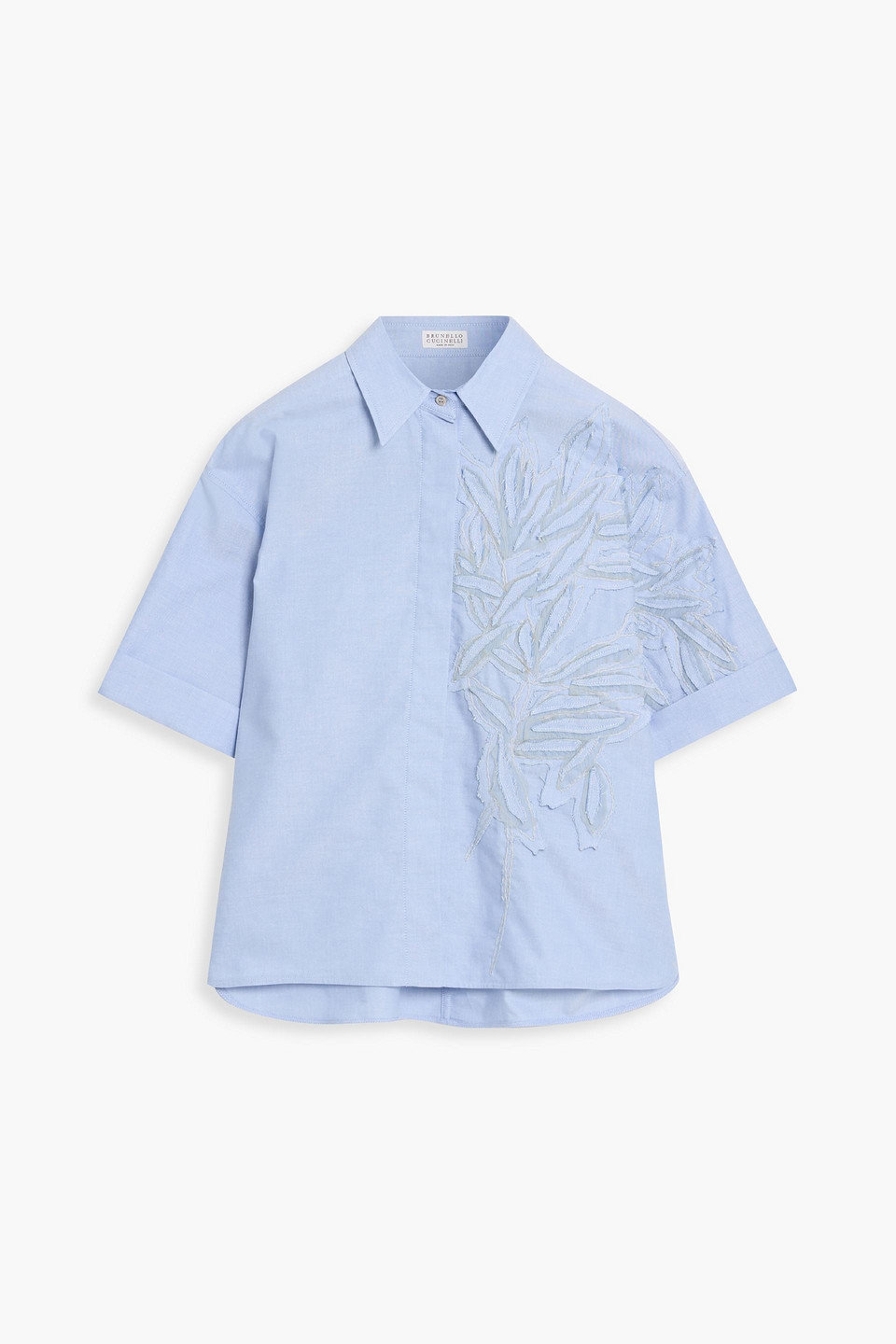 Brunello Cucinelli Embroidered Cotton Oxford Shirt In Blue