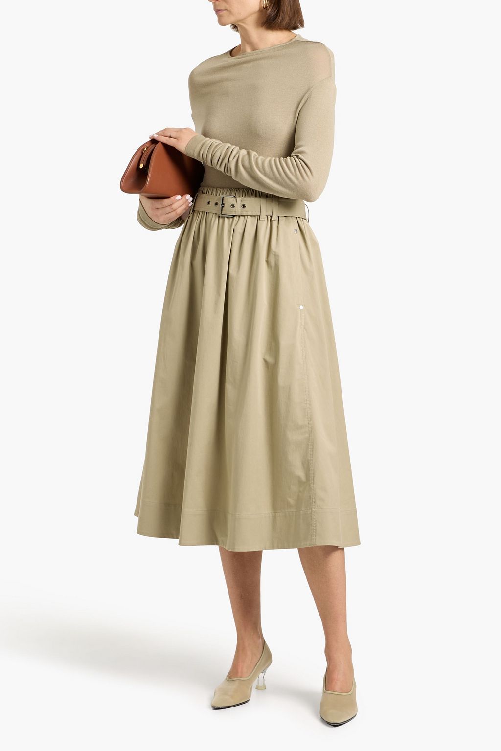 BRUNELLO CUCINELLI Belted cotton-blend twill midi skirt | THE OUTNET