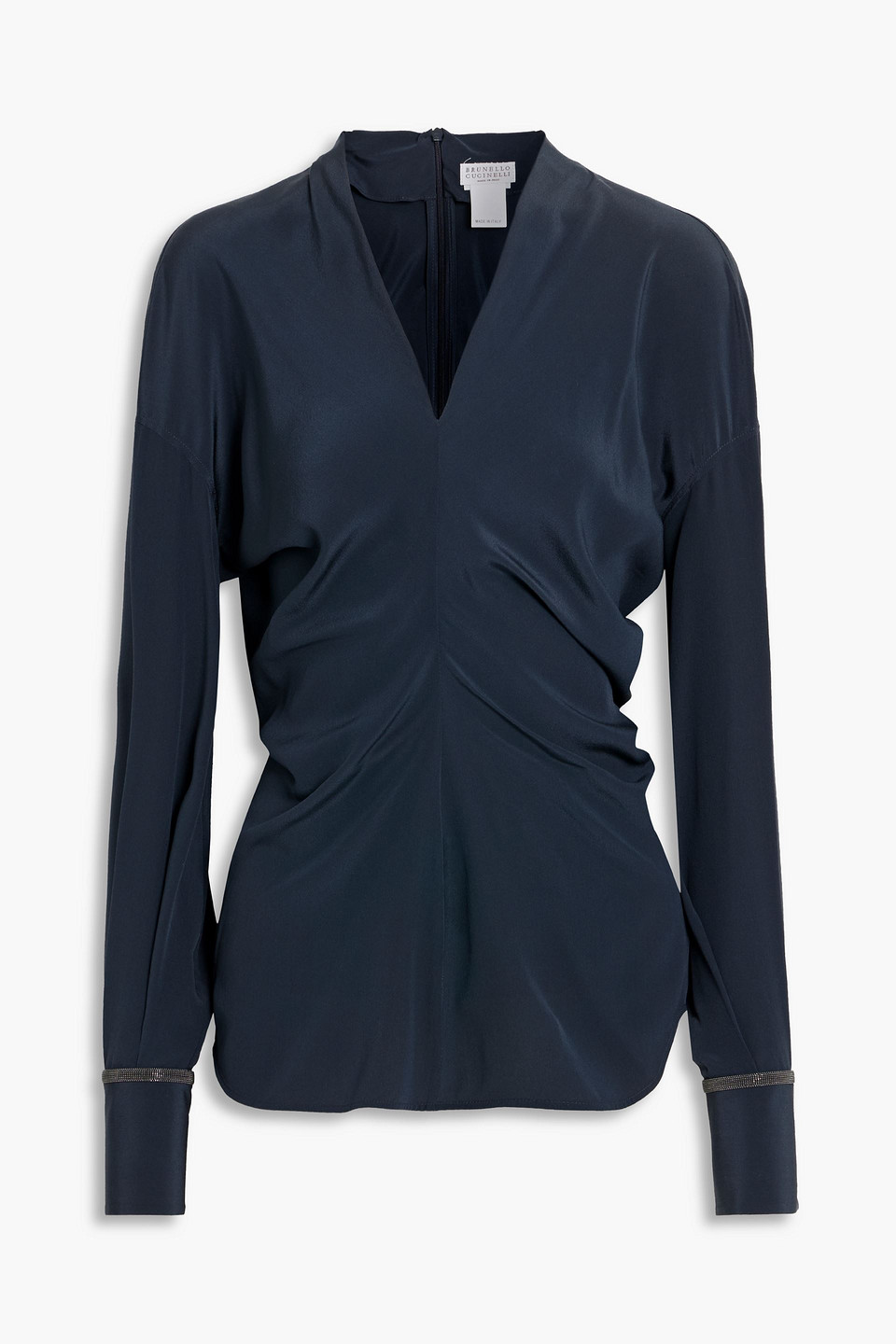 Brunello Cucinelli Bead-embellished Draped Silk Blouse In Blue