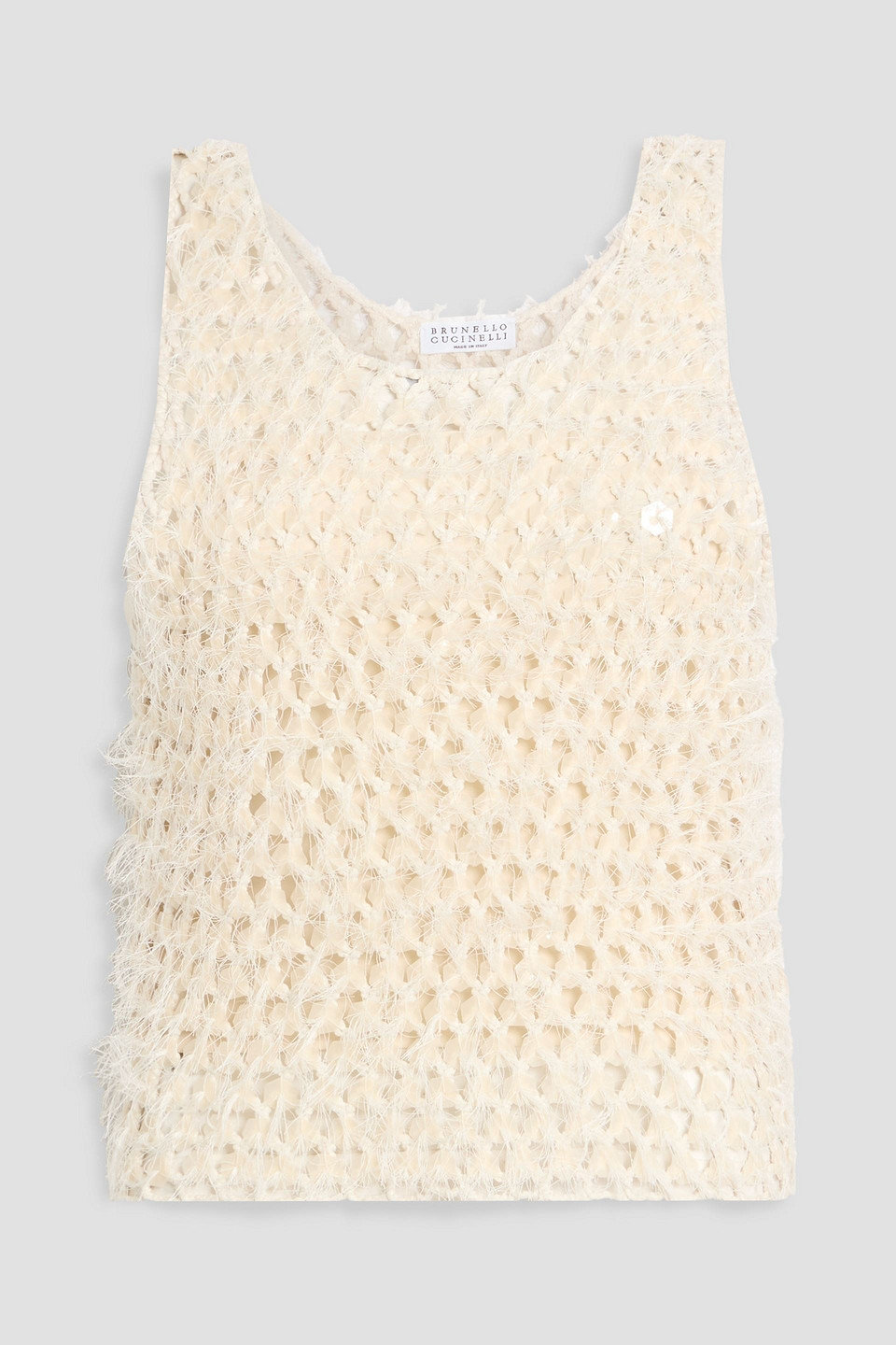 Brunello Cucinelli Sequin-embellished Frayed Open-knit Cotton-blend Top In Burgundy