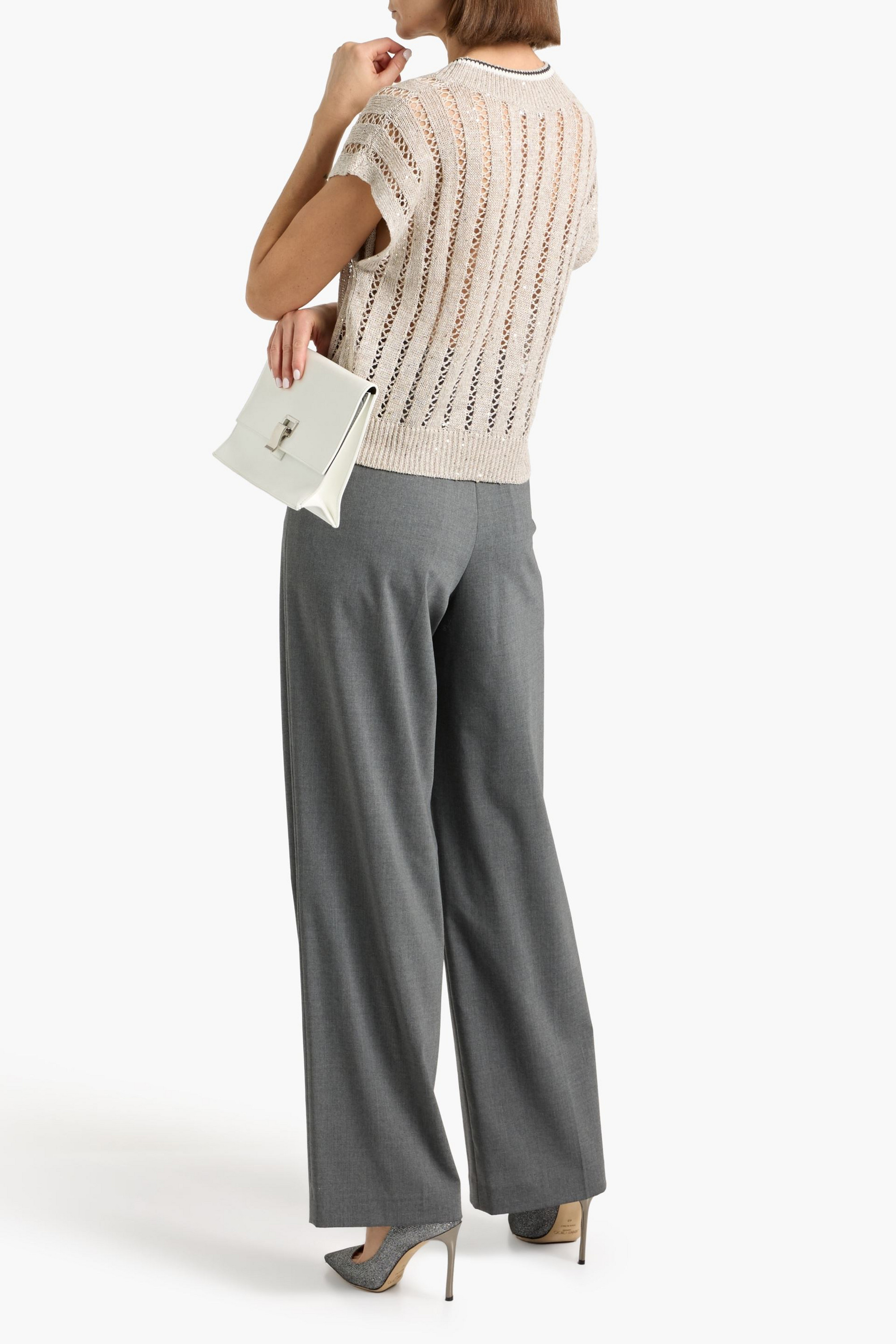 Brunello Cucinelli Sequin-embellished open-knit linen-blend top thumbnail
