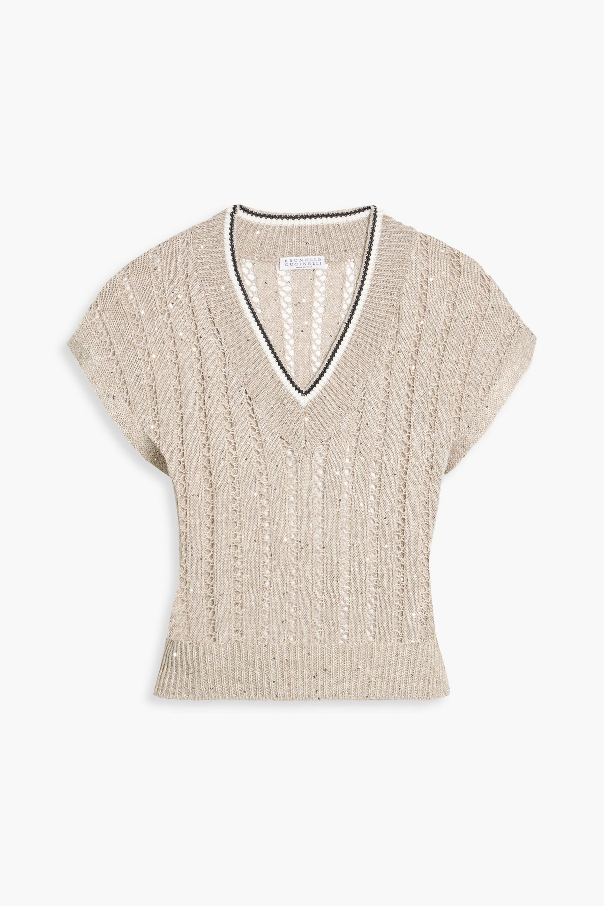 Brunello Cucinelli Sequin-embellished open-knit linen-blend top thumbnail