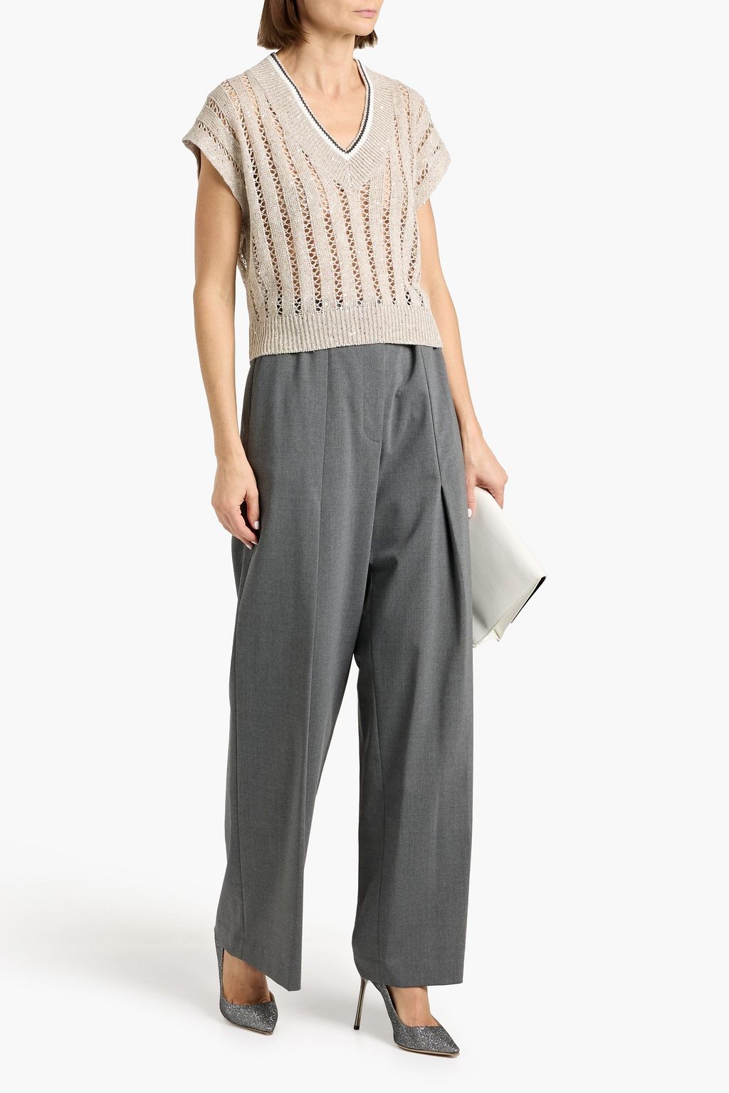 BRUNELLO CUCINELLI☆ニットベスト☆ BRUNELLO CUCINELLI Sequin-embellished open-knit linen-blend top