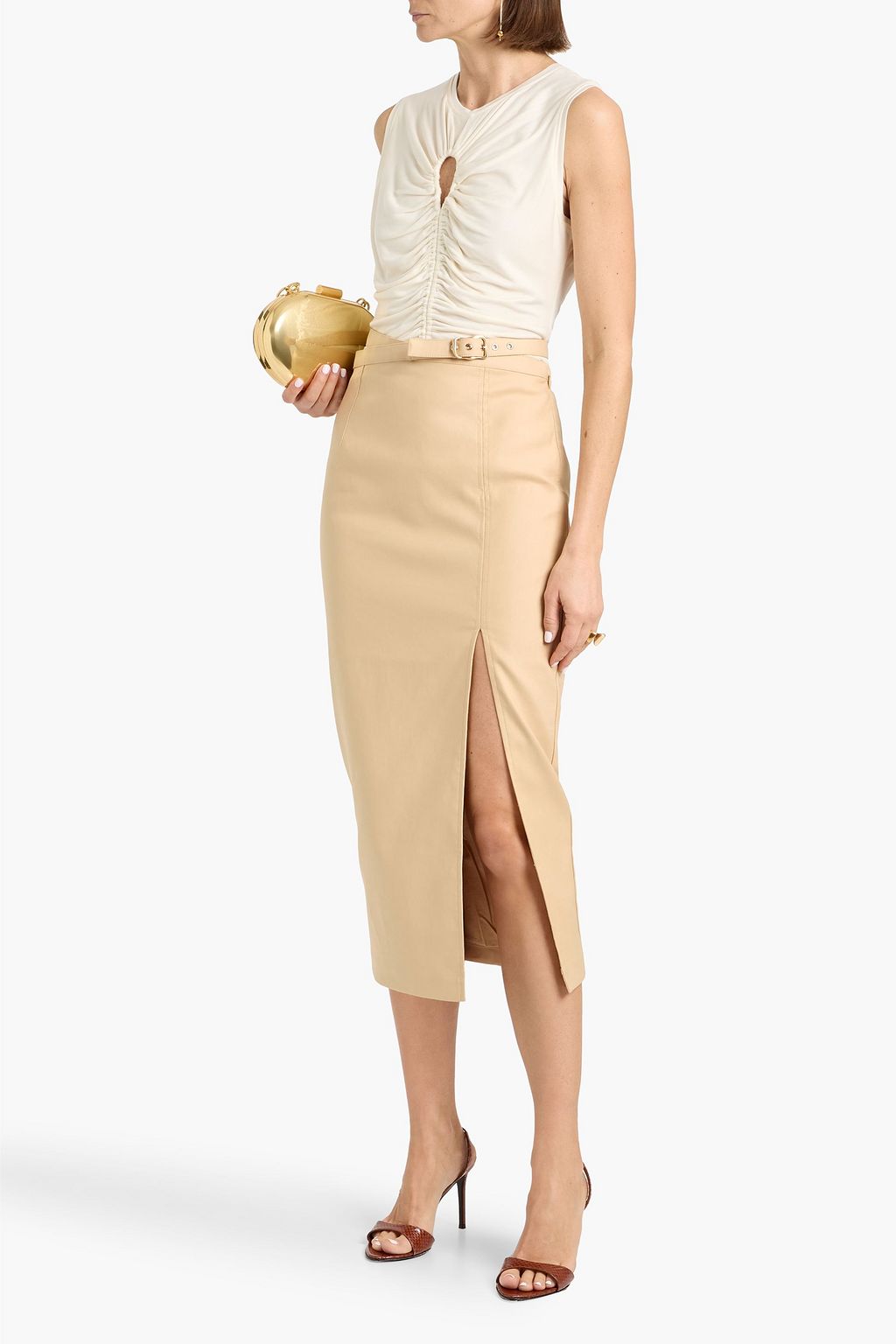 CULT GAIA Shay belted cotton-blend gabardine midi pencil skirt
