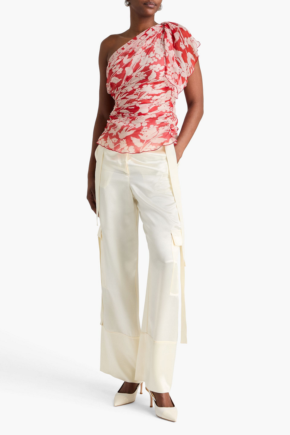  Victoria Beckham - Oberteil Aus Seidenkrepon Mit Floralem Print Und Asymmetrischer Schulterpartie - Rot - Uk 6 