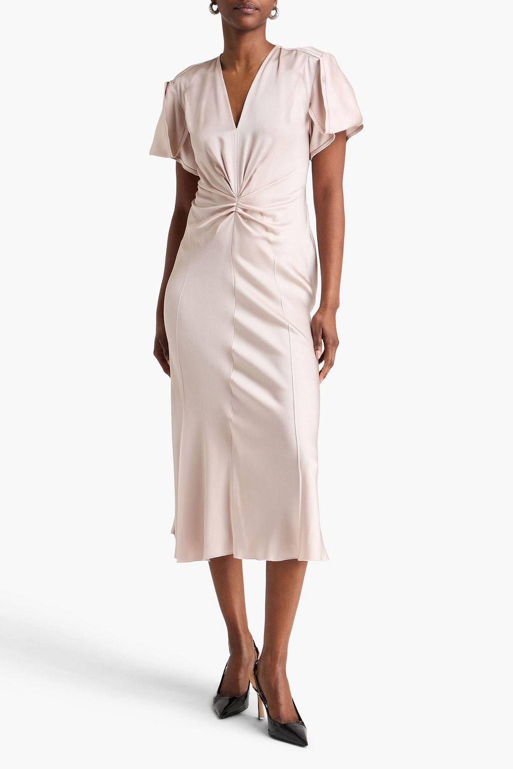 victoria beckham ruched satin midi dress women Victoria Beckham Eve Gathered-Waist Satin Midi Dress